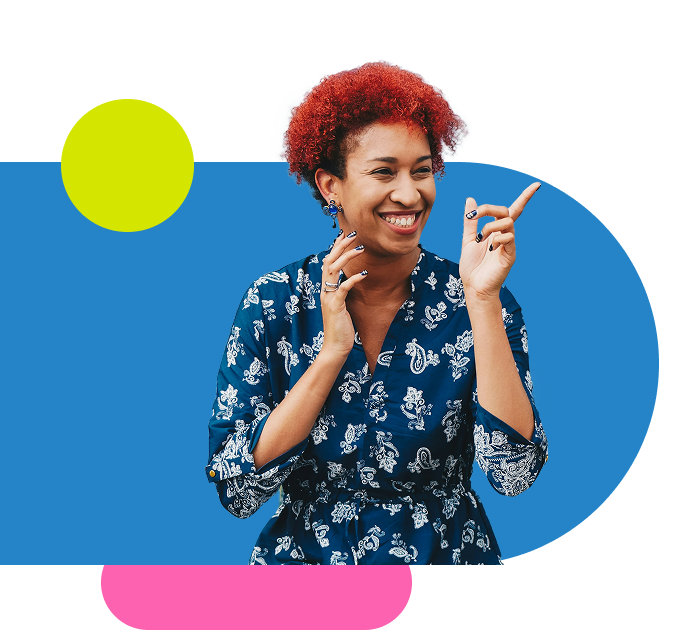 Lady smiling pointing 